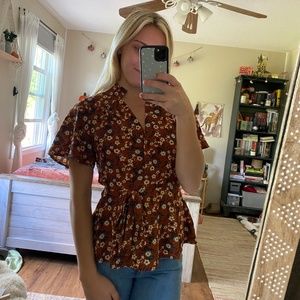 Monteau Fall Floral Wrap Short Sleeve Blouse